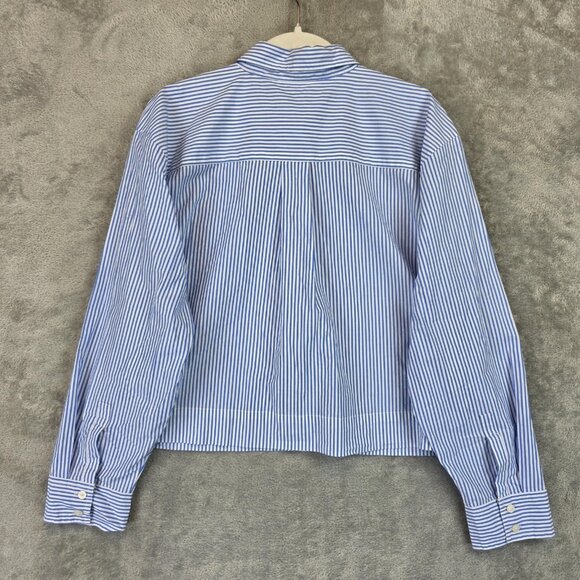 LOFT Shirt Womens Large Blue White Stripe Cropped Button Up Collared Utility Top - Picture 2 of 10